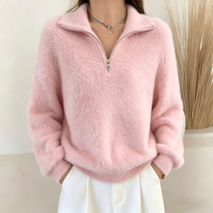 Damen Flauschiger Halbzipp-Pullover mit Stehkragen – Mavelle