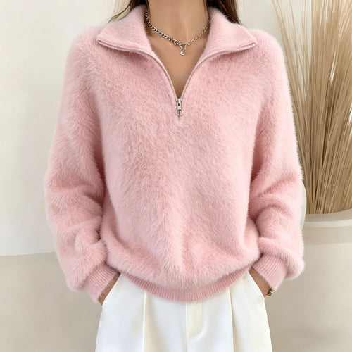 Damen Flauschiger Halbzipp-Pullover mit Stehkragen – Mavelle