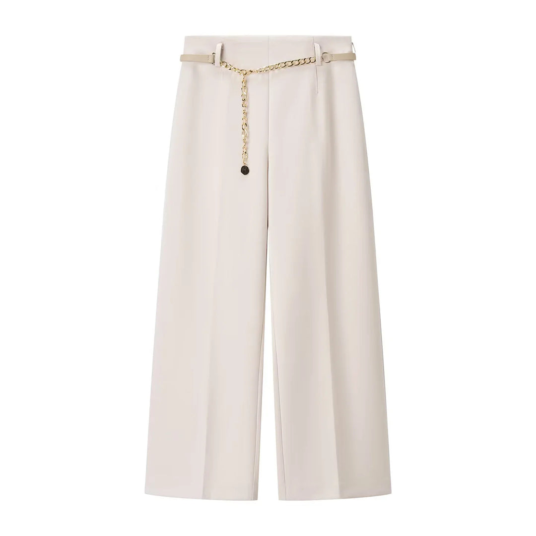 Damen weit geschnittene Highwaist-Hose mit Bügelfalte und abnehmbarem Schmuckketten-Gürtel – Avélisse