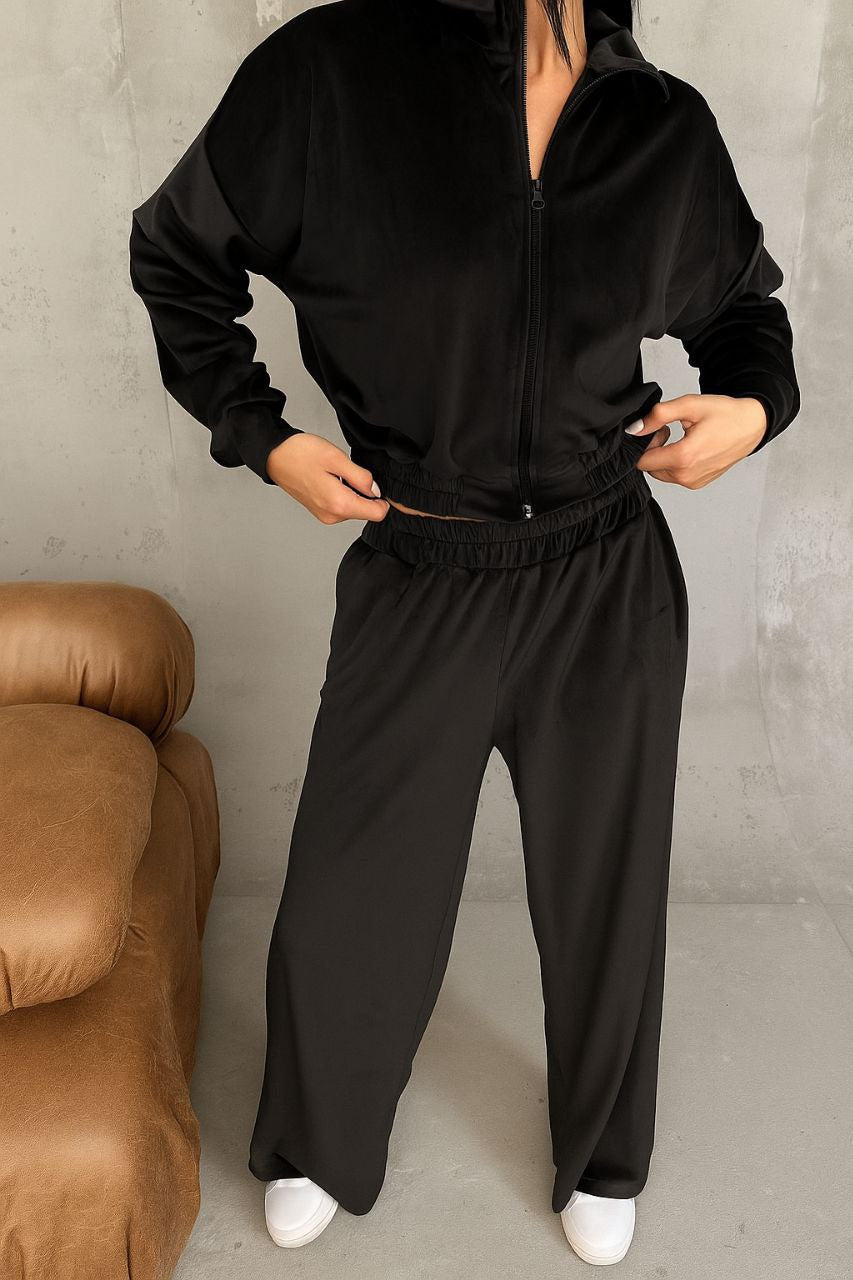 Damen Samt-Loungewear-Set mit kurzem Reißverschluss und geraffter Taillenpartie – Élanora