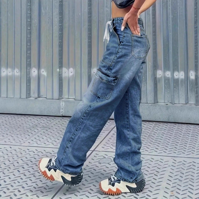 Damen Cargo-Jeans im Baggy-Look mit hoher Taille, Tunnelzug und aufgesetzten Pattentaschen Echo Archiv