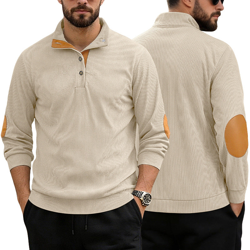 Herren nan lässiger Strukturpullover mit Polokragen, kurzer Knopfleiste und veganen Lederbesätzen Echo Archiv