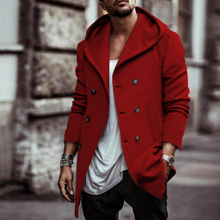 Herren urbaner Mantel mit oversized Kapuze und doppelter Knopfleiste Echoarchiv
