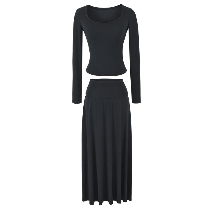 Damen Zweiteiliges Lounge-Set aus Stretch-Modal mit figurbetontem Langarm-Top und Maxirock Echoarchiv
