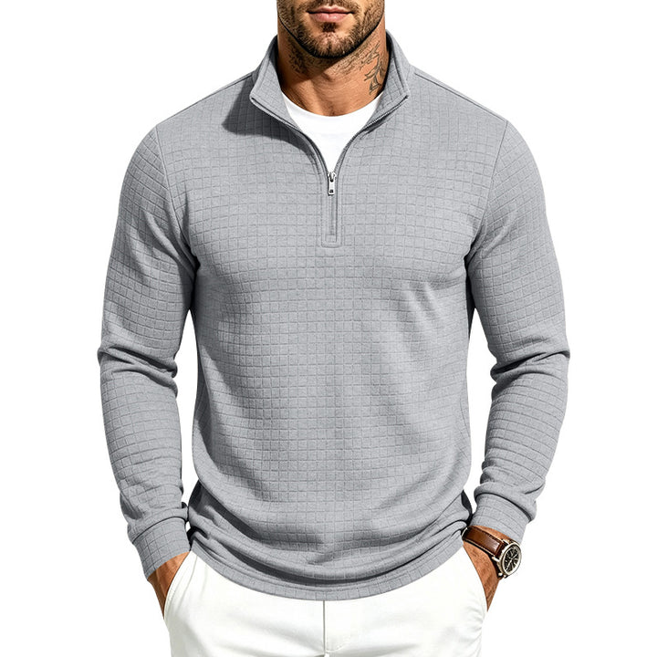 Herren Slim-Fit Pullover mit halbem Reißverschluss und geprägter Quadratstruktur Echoarchiv
