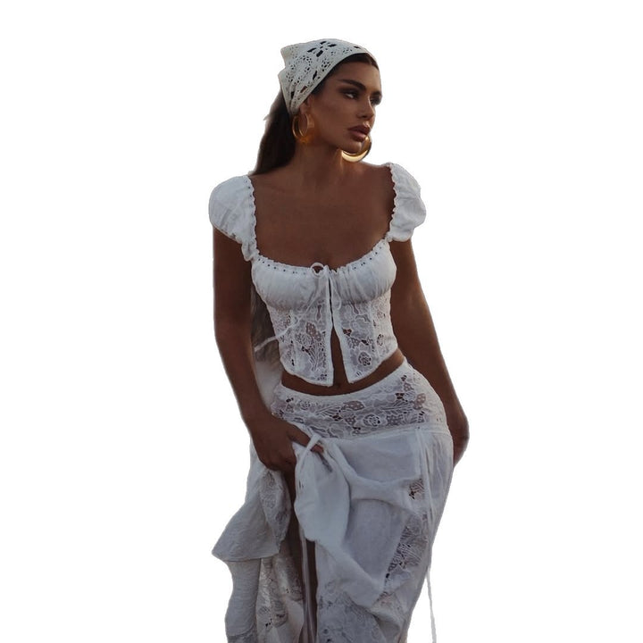 Damen Spitzen Crop-Top mit Puffärmeln Echo Archiv