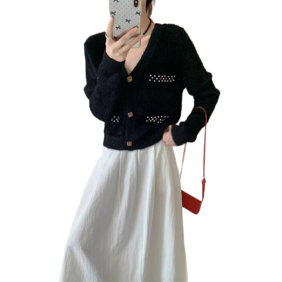 Damen Verspielter V-Ausschnitt Cardigan mit Perlen Echo Archiv