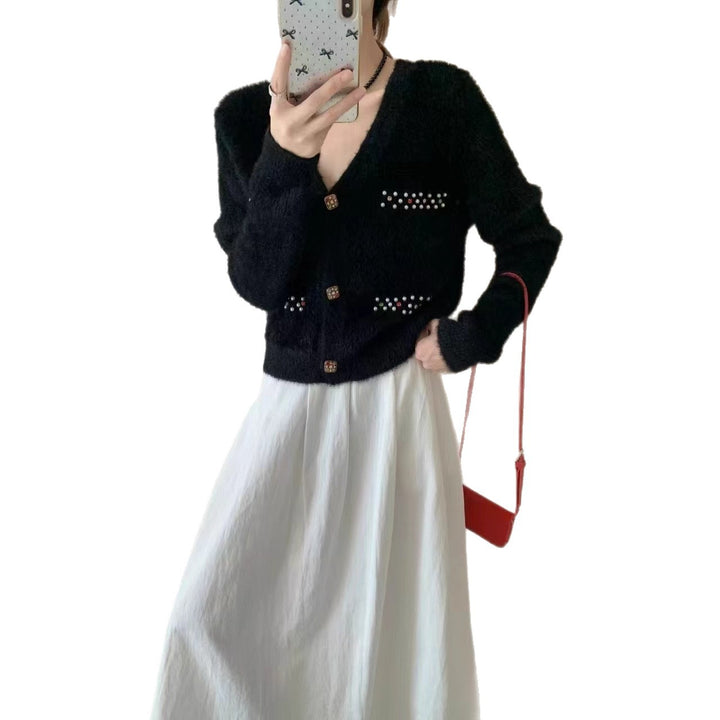 Damen Verspielter V-Ausschnitt Cardigan mit Perlen Echo Archiv