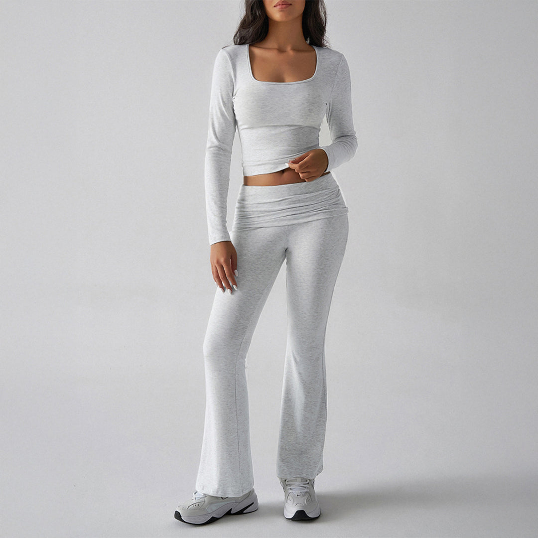 Damen figurbetontes Cropped-Set mit langärmeligem Top mit quadratischem Ausschnitt und ausgestellter High‑Waist Yoga-Hose – Avérine