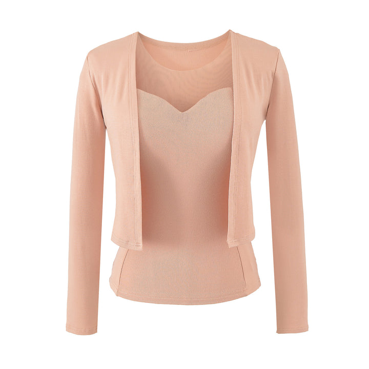 Damen Zweiteiliges Feinstrick-Top-Set mit Mesh-Einsatz und offenem Cardigan Echoarchiv