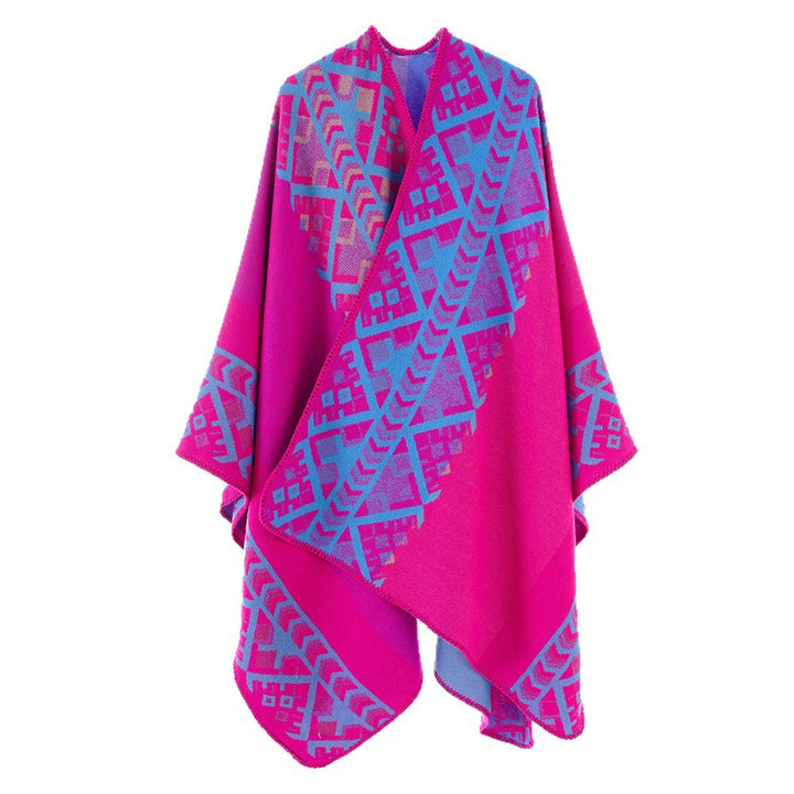 Damen Gewebter Oversize-Ruana mit Ethno-Jacquard und Zierkettelung – Avérine