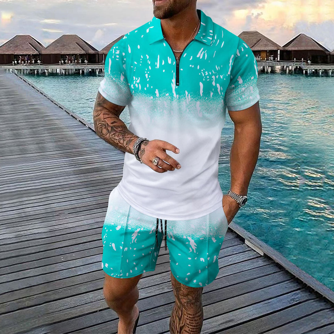Herren sportliches Kurzarm T-Shirt mit Reißverschluss und grafischem Design Echoarchiv