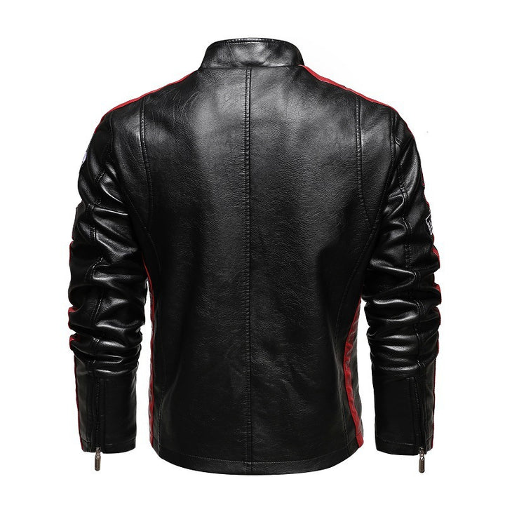 Herren Racing-Style Kunstlederjacke mit Aufnähern, Kontraststreifen und Stehkragen Echoarchiv