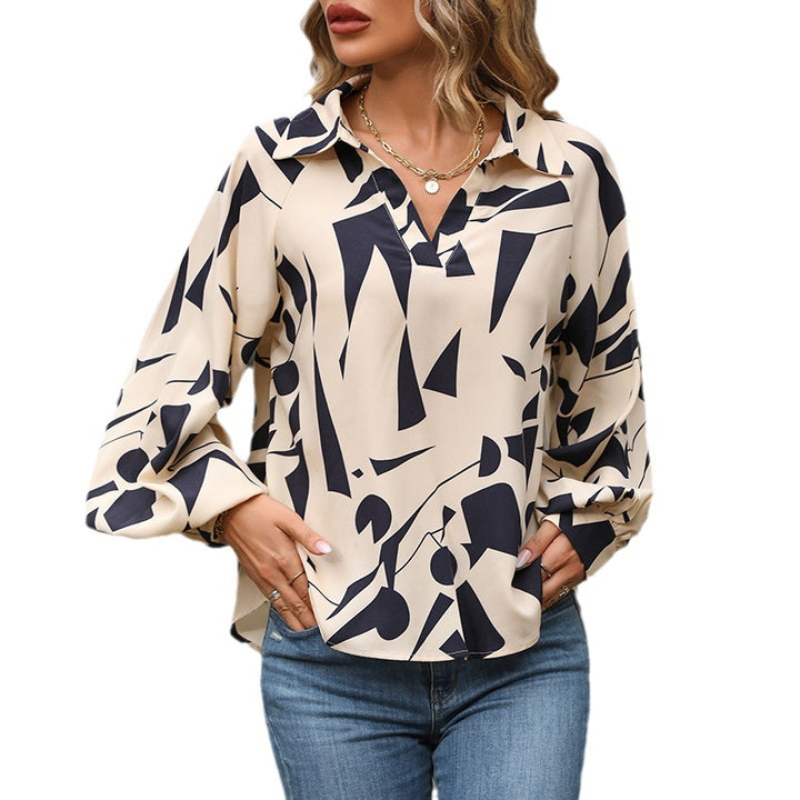 Damen Viskose-Bluse mit abstraktem Grafikprint, V-Ausschnitt & Ballonärmeln Echoarchiv