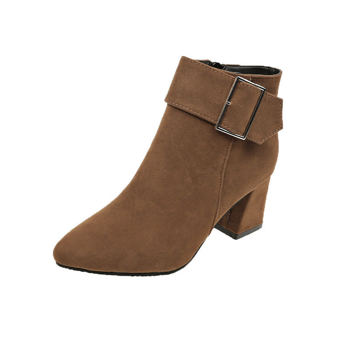 Damen nan elegante Wildlederoptik Stiefelette mit mittelhohem Blockabsatz und breitem Schnallenriemen Echo Archiv