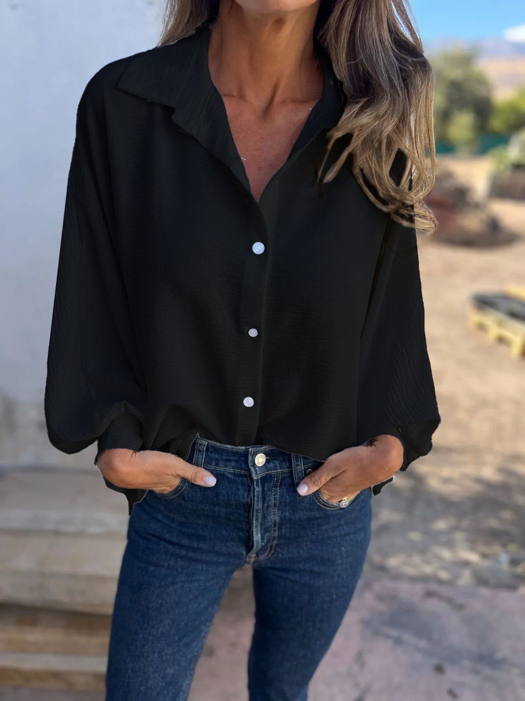 Damen Locker geschnittene Viskose-Hemdbluse mit Oversize-Schnitt und Ballonärmeln Echoarchiv