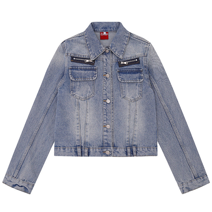 Damen kurze Vintage-Denimjacke mit Brusttaschen, Reißverschluss-Detail und Knopfleiste Echoarchiv