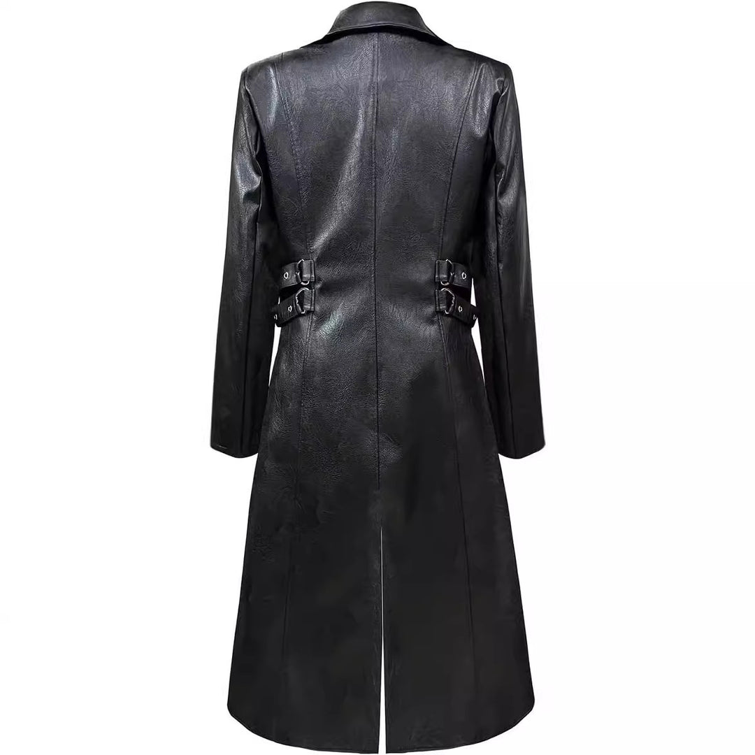 Herren Modische Kunstleder-Trenchcoat mit asymmetrischem Reißverschluss und dekorativen Details Echoarchiv
