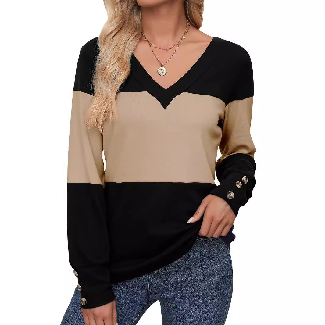 Damen Colorblock V‑Neck Feinstrickpullover mit dekorativen Manschettenknöpfen – Avérine