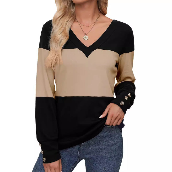 Damen Colorblock V‑Neck Feinstrickpullover mit dekorativen Manschettenknöpfen – Avérine