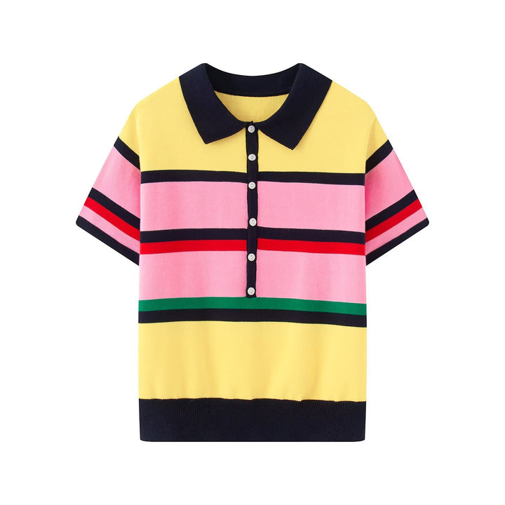 Damen Kurzärmeliges gestreiftes Feinstrick-Poloshirt mit durchgehender Knopfleiste Echo Archiv