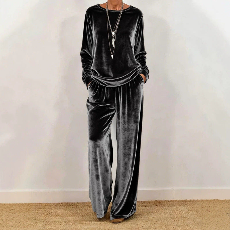 Damen Samt-Loungewear-Set mit weitem Bein, elastischem Bund und Rundhalsausschnitt – Élanora