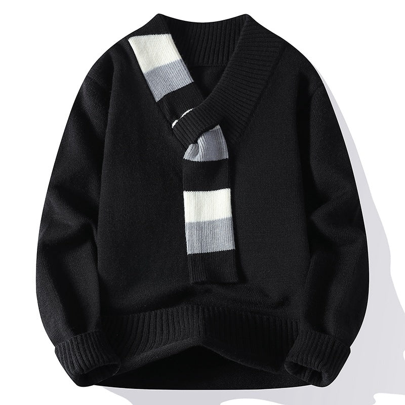 Herren V-Ausschnitt Strickpullover mit integriertem Kontraststreifen-Schal und gerippten Bündchen Echo Archiv