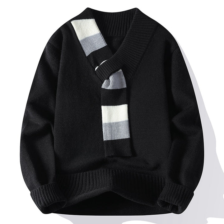 Herren V-Ausschnitt Strickpullover mit integriertem Kontraststreifen-Schal und gerippten Bündchen Echo Archiv