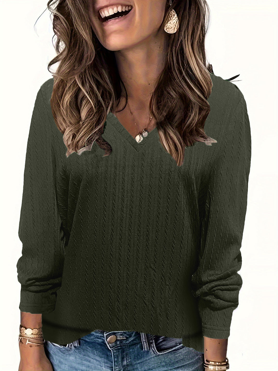 Damen Feinstrick-Langarmshirt mit V‑Ausschnitt und Zopfmuster Echoarchiv