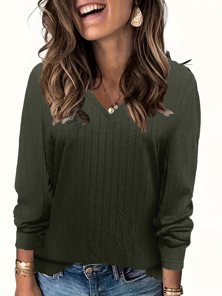 Damen Feinstrick-Langarmshirt mit V‑Ausschnitt und Zopfmuster Echoarchiv