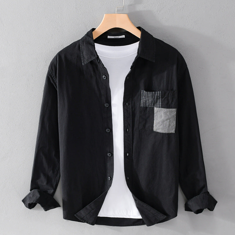 Herren Leichtes Baumwoll-Oversizehemd mit geometrischer Brustpatch-Tasche Echoarchiv