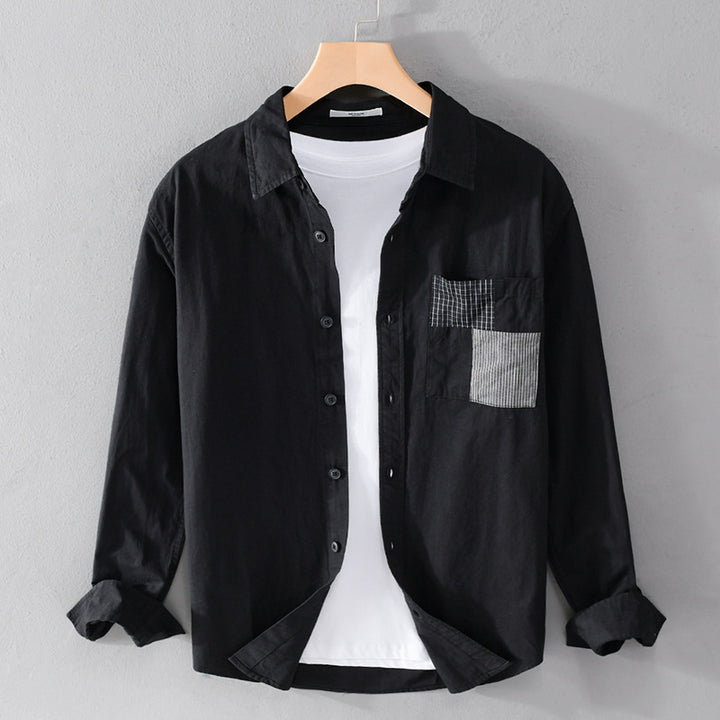 Herren Leichtes Baumwoll-Oversizehemd mit geometrischer Brustpatch-Tasche Echoarchiv