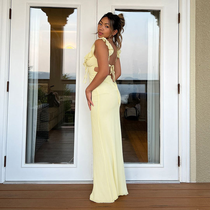 Damen figurbetontes Maxikleid mit Rüschendetails und V-Ausschnitt Echo Archiv