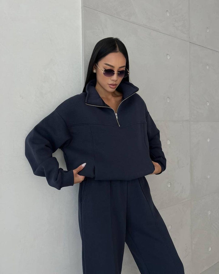 Damen Weiches Oversized Lounge-Set mit Troyer-Kragen, Eingrifftaschen und schmeichelhafter High-Waist Hose Echoarchiv