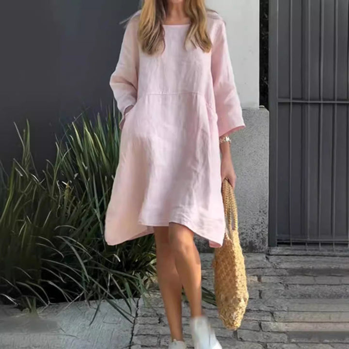 Damen lässiges Leinenkleid mit praktischen Taschen und asymmetrischem Saum Echoarchiv