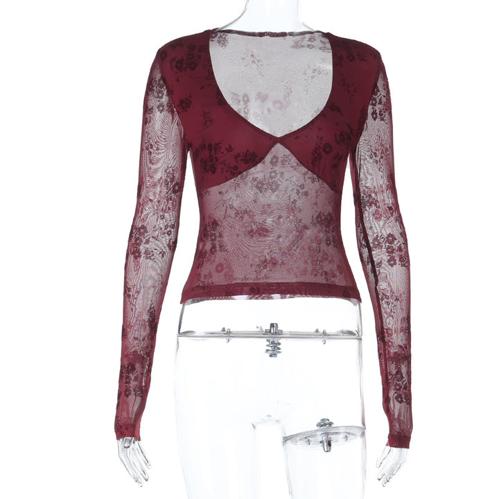 Damen transparente Spitzenbluse mit V-Ausschnitt und langen Ärmeln Echo Archiv