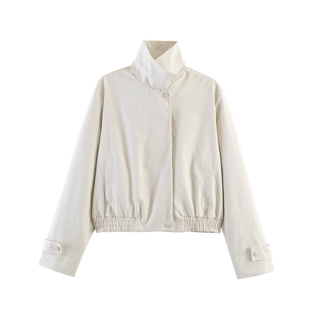Damen Cropped-Boxy-Übergangsjacke mit Stehkragen, Druckknopfverschluss und elastischem Bund Echoarchiv