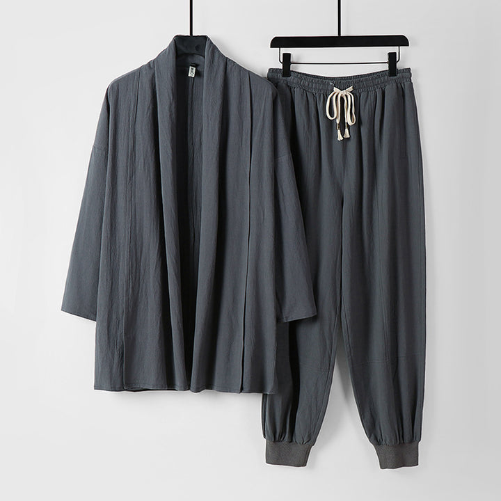 Unisex Luftiges Freizeit-Set im Kimono-Stil mit Schalkragenjacke und konisch zulaufender Joggerhose Echoarchiv