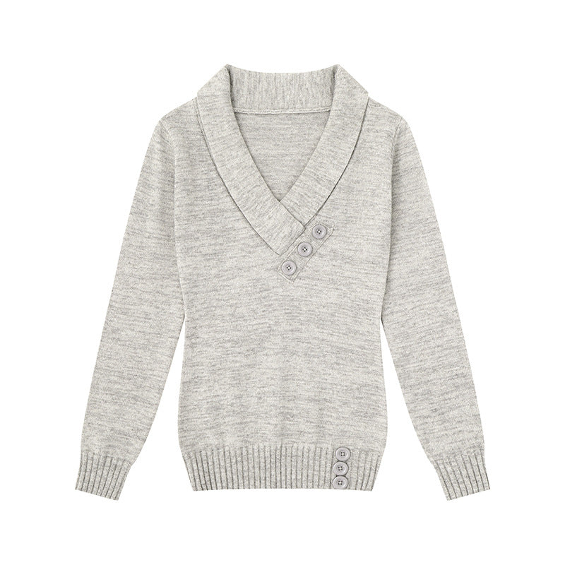 Damen Feinstrick-Pullover mit Schalkragen, V-Ausschnitt und Zierknöpfen Echoarchiv