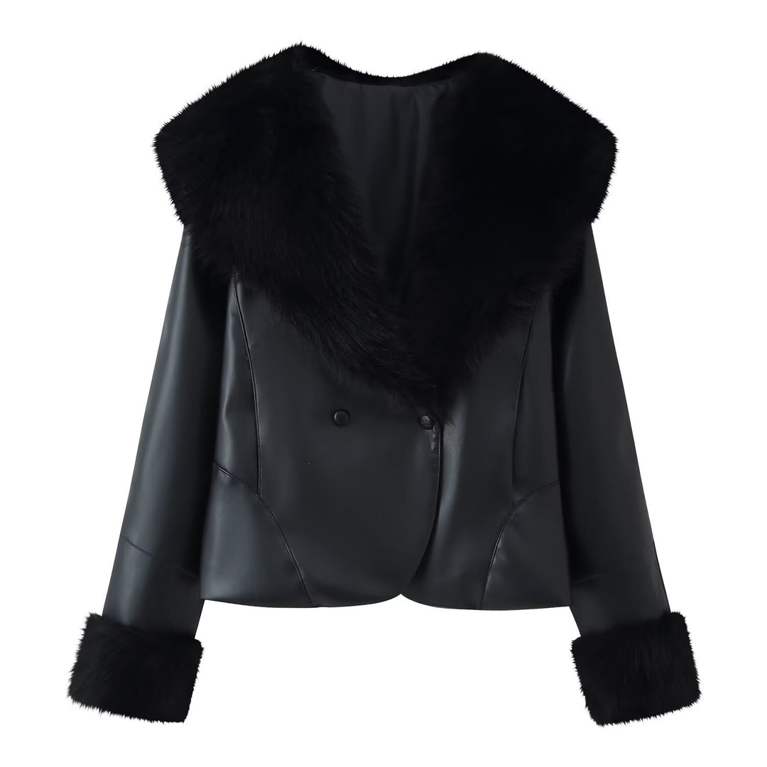 Damen Kurzjacke aus Kunstleder mit voluminösem Faux-Fur-Kragen und Fellmanschetten Echo Archiv
