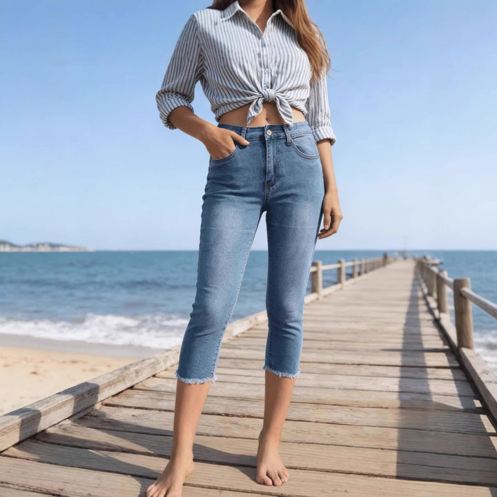 Damen nan schmale knöchellange Jeans mit rohem Fransenabschluss und mittelhoher Taille Echo Archiv