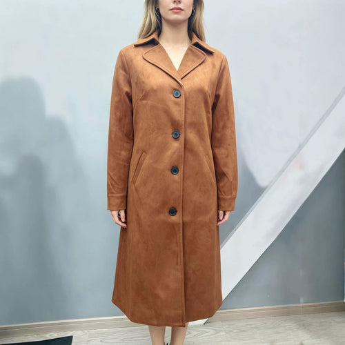 Damen langer Veloursimitat-Mantel mit klassischem Revers, markanter Knopfleiste und schrägen Eingrifftaschen – Montévia