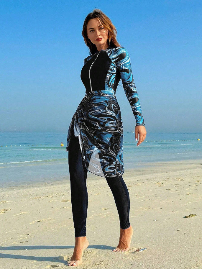 Damen Sportlicher Langarm-Badeanzug mit integriertem Wickelrock Echo Archiv