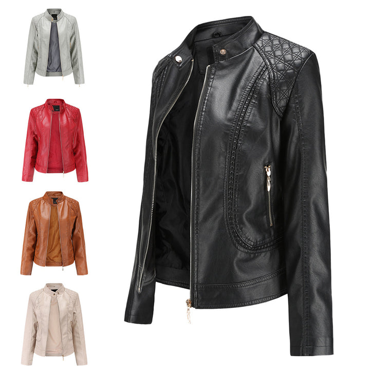 Damen nan taillierte Kunstleder Bikerjacke mit Stehkragen und gesteppter Schulterpartie Echo Archiv
