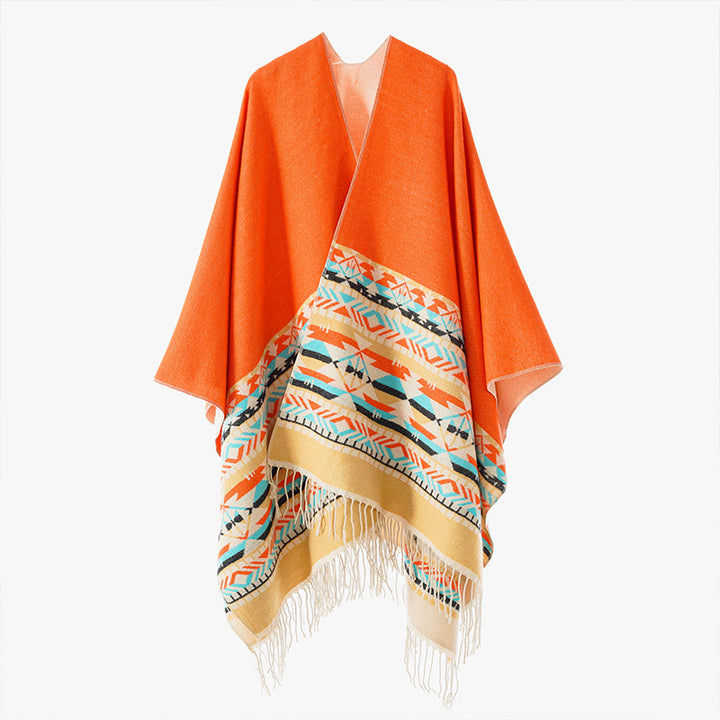 Damen V-Kragen-Überwurfponcho im Kimono-Fall mit Ethno-Bordüre und Fransensaum Echo Archiv