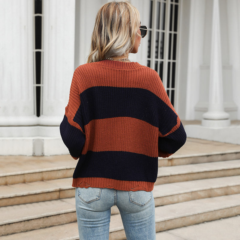 Damen Oversize-Chunky-Strickpullover mit schulterfreiem Fall, breiten Blockstreifen und geripptem Saum Echoarchiv