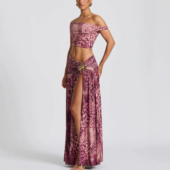 Damen Elegantes Oberteil mit hoch geschnittenem Rock im Tierdruck Echo Archiv