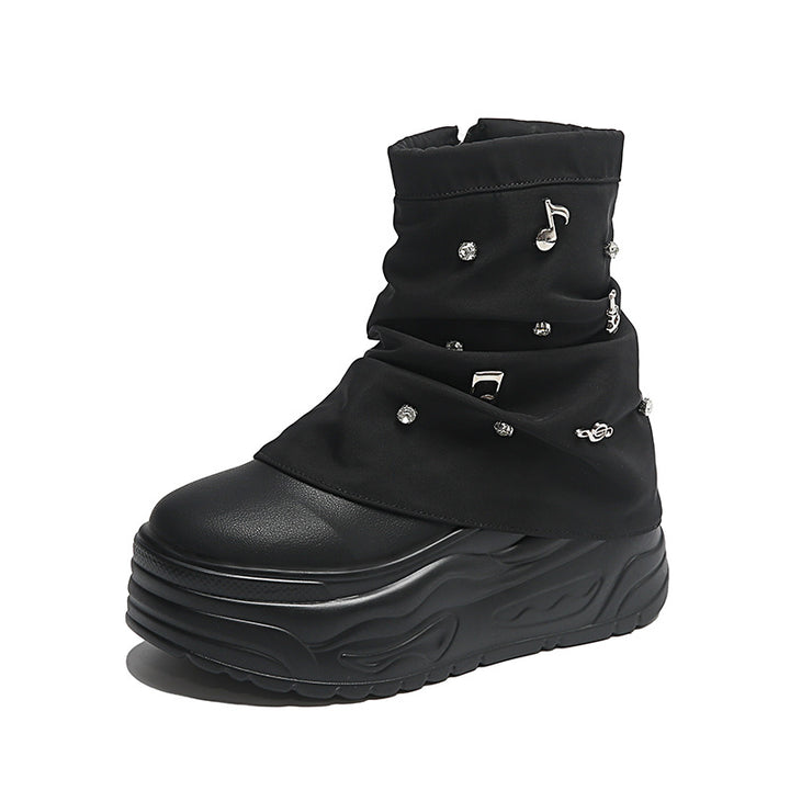 Damen nan Plateau-Stiefelette mit gerafftem Schaft und Musiknoten‑Zierapplikationen Echo Archiv