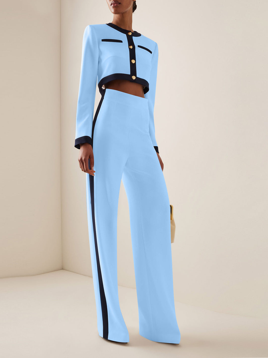 Damen Kurzgeschnittenes Cropped-Tailoring-Set mit Kontrastpaspel und High‑Waist Palazzo-Hose – Avélisse