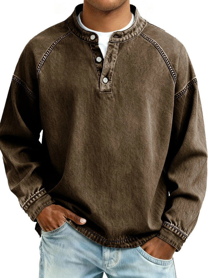 Herren verwaschenes Henley-Shirt mit Stehkragen, lockerer Passform und Knopfleiste – Marzano